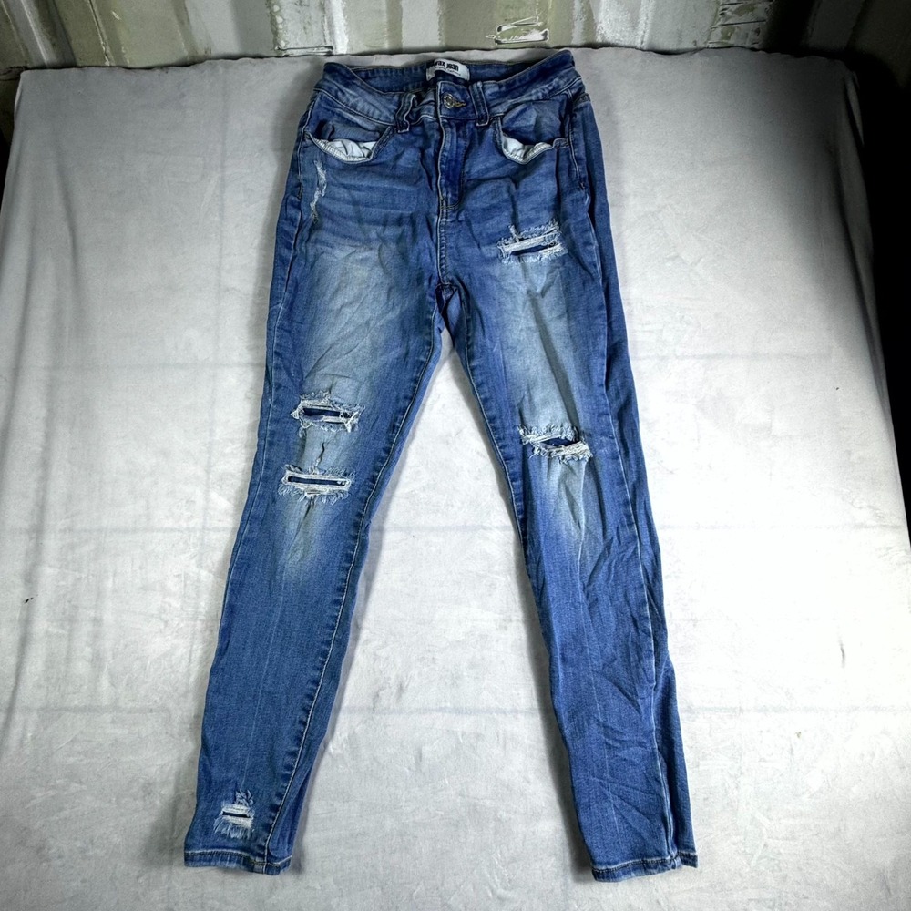 Wax Jean Skinny Jeans Womens 7/28 Blue Denim Distressed 5-Pockets Medium Wash